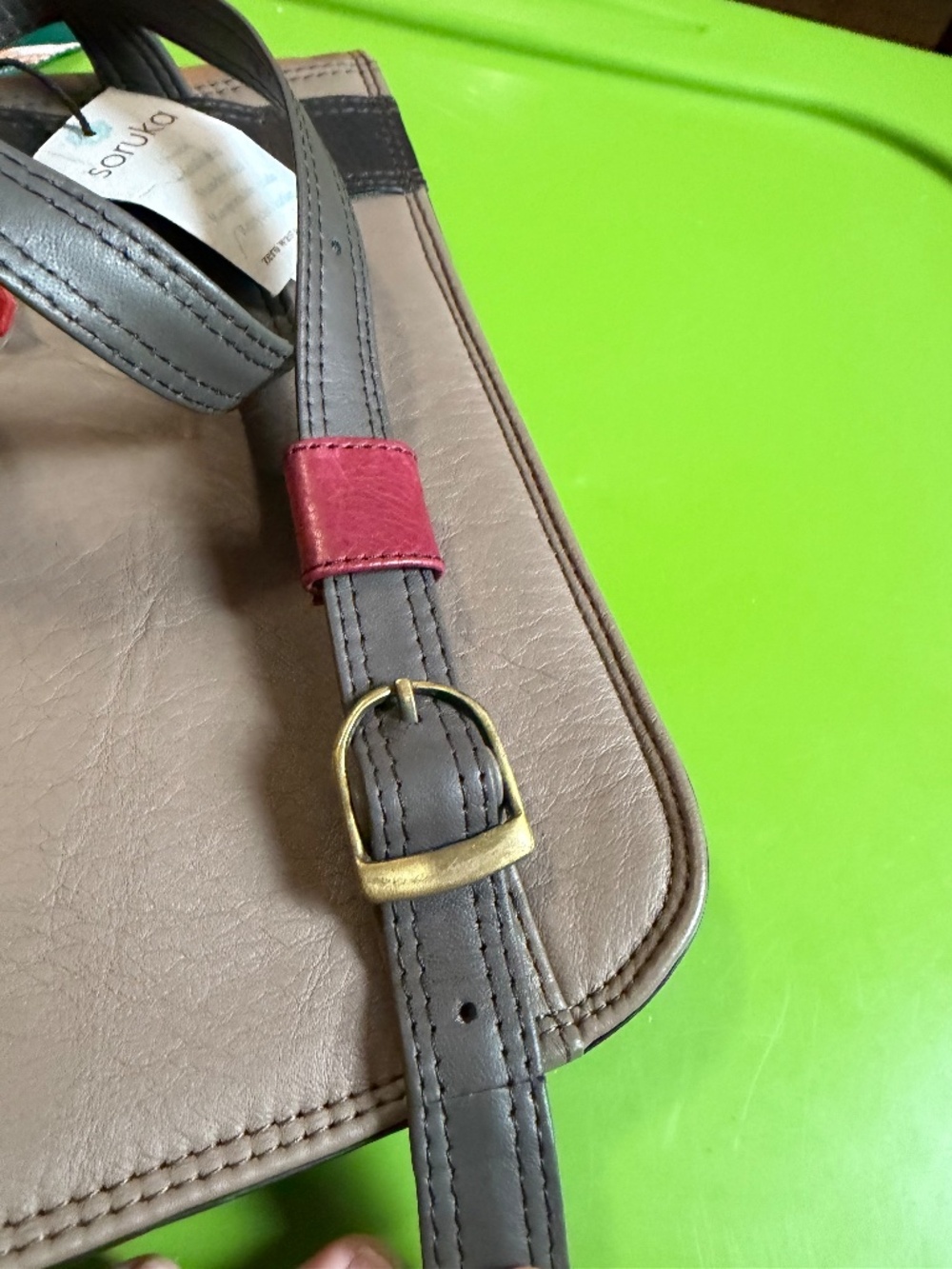 Well made, genuine leather color block backpack, made by Soruka, - Picture 12 of 14